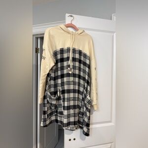 Desigual Plaid Hooded Sweater - Cream and Black with Embroidered Butterflies.